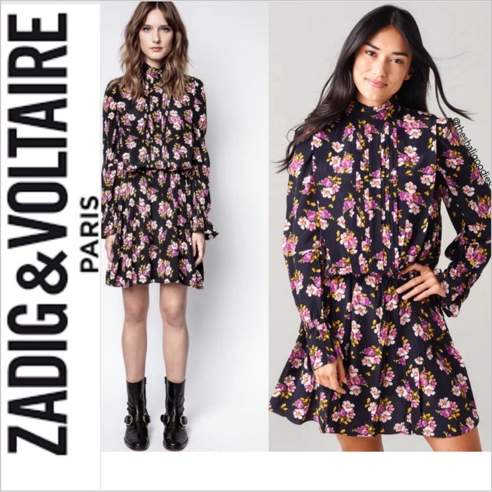 NWT ZADIG & VOLTAIRE Rabbi CDC Peonies Robe Dress Black silk